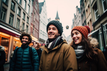 Young tourists in a European city during a winter day