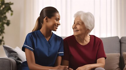 Beautiful young medical nurse with dark skin wearing a uniform helping a senior old woman patient with gray hair smiling. Female pensioner post surgery assistance, home nursing caregiver concept - obrazy, fototapety, plakaty