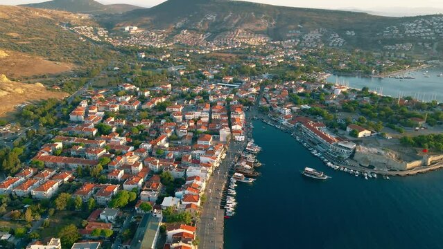 Foca or Phokaia resort town in Izmir region in Turkey, Aerial wide shot