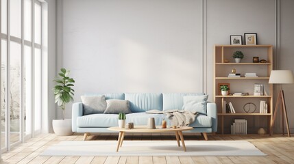 Step into a minimalist lounge featuring a Scandinavian-inspired light-blue sofa, surrounded by neutral tones and natural textures, for a modern and airy ambiance.