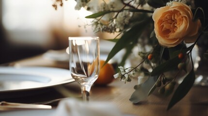 Easter brunch table setting, blurred background of a family gathering