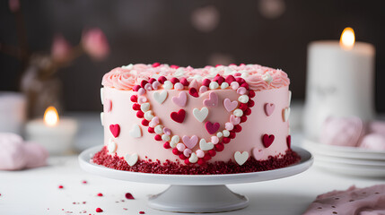 Obraz na płótnie Canvas Delicious heart-shaped Valentine's Day cake decorated with pink and red fondant, small edible hearts