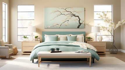 Transform your bedroom into a Zen-inspired haven with Japanese-inspired soft beige furniture, a low platform bed, and soothing sage green and light blue tones, creating a serene and lavish retreat.