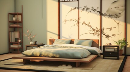 Transform your bedroom into a Zen-inspired haven with Japanese-inspired soft beige furniture, a low platform bed, and soothing sage green and light blue tones, creating a serene and lavish retreat.