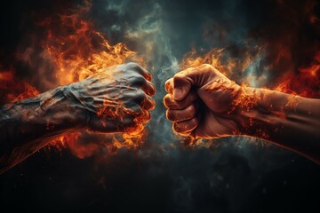 eternal fight concept with two fists of man covered with fire. Generative ai