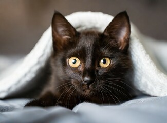 Black cat under blanket on the bed, cold winter holiday season concept. Adorable and cute face closeup.