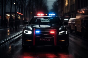 An atmospheric scene capturing the vigilant presence of a police car on night patrol in the city. The flashing lights and urban backdrop create a sense of security and order. Generative ai