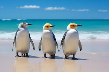 Fototapeta premium A delightful scene featuring adorable penguins waddling and enjoying the sun on an exotic beach with crystal-clear azure waters. Generative ai
