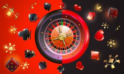 Black and red casino background design with playing cards symbol,  roulette wheel , playing chips  and dices . Vector illustration for casino, game design, flyer, poster, banner, advertising.