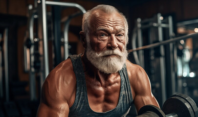 Fototapeta premium Old athle Muscula. Fitness man at workout. Elderly pensioner old man smiling in gym. 60-70 Year Old Bodybuilder. Funny old grandfather in gym. Pensioner with smile lifts weight in sports club.