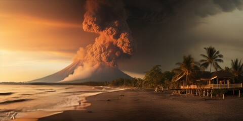 Krakatoa Unleashed: A haunting view of the eruption aftermath with an ash cloud, global waves, and panic at a holiday resort, as disaster strikes, leading to chaos and a frantic evacuation