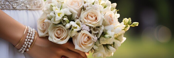 Beautiful fresh bouquet of flowers in the hands of the bride close-up, banner