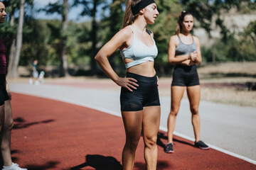 Obraz premium Fit athletes training outdoors, doing jumps and stretching in the park. Enjoying a sunny day, these sports girls embrace a healthy and active lifestyle.