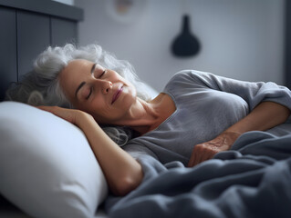 A senior woman peacefully asleep in her bed - obrazy, fototapety, plakaty