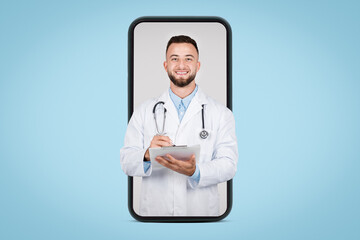 Happy doctor with clipboard in smartphone frame