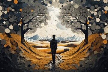 Illustration surrealistic portraiture of a person in the rustical light brown nature with a tree. - Powered by Adobe