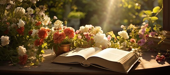Open book on a wooden table with flowers in the sunlight. 