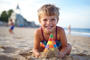 medium shot portrait photography of a pleased cute child that is wearing colorful beachwear. beach background