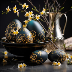 Wielkanocne ozdoby i dekoracje w stylu glamour. Pisanki, żonkile  i wielkanocny zając