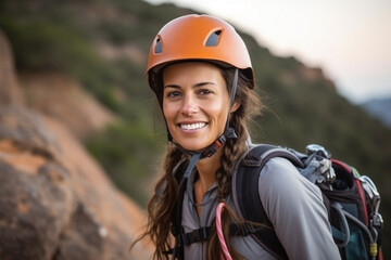 medium shot portrait photography of a woman in her 30s that is wearing rock climbing gear, helmet against rock climbing on a rugged cliff background