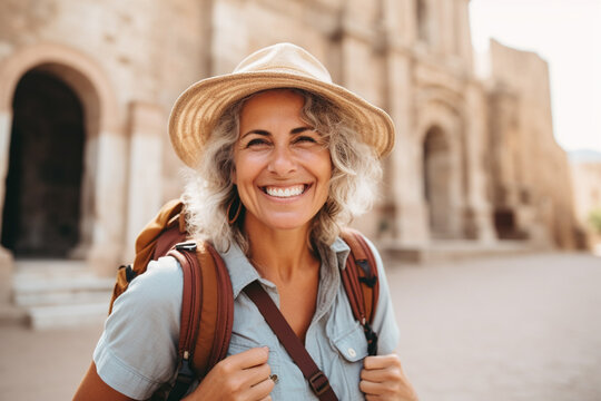 medium shot portrait photography of a a pleased woman in her 40s that is wearing sightseeing attire, camera against exploring and photographing a city background