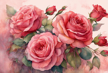 water-color bouquet of pink roses