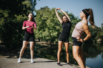 Active, athletic girls stretching and warming up in a sunny park. Friends training together, embracing a healthy lifestyle.