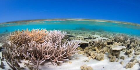 Naklejka na ściany i meble Widespread coral bleaching in Central America and the Caribbean, as record temperatures in the Atlantic trigger a devastating mortality event among sensitive marine animals