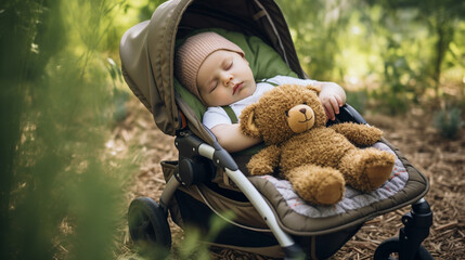 Cute European baby girl peacefully sleeping in a stroller with her stuffed toy outdoors surrounded by greenery, photography 