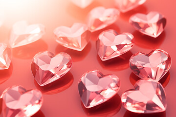 Close up photo of crystals in the shape of hearts floating on a light pink background	