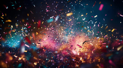 Celebration background template with confetti and variety colors ribbons. AI generative. - obrazy, fototapety, plakaty