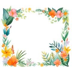 Watercolor frame with differents African, tropical plants and flowers, illustration for design, space for text. Invitation sample, 