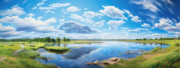 a clear blue sky and thin white clouds gracefully floating over the river, to convey the expansiveness and tranquility of the scene.