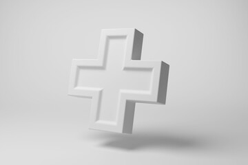 White cross floating in mid air on white background in monochrome and minimalism. Illustration of the concept of pharmacy and arithmetic addition sign