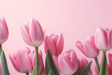 Fototapeta premium Frame with bouquet of Pink Tulips Flowers, Mother s Day, 8 March, anniversary, pink background. Empty Space