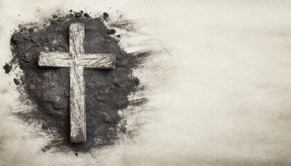 Christian cross drawing in ash as symbol of religion. Sacrifice, Jesus Christ, Ash Wednesday concept - obrazy, fototapety, plakaty