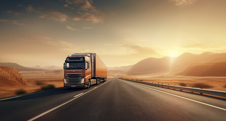 White blank truck on a highway in the desert