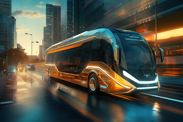 Ai generated image of futuristic bus. Blue and orange tones. - obrazy, fototapety, plakaty