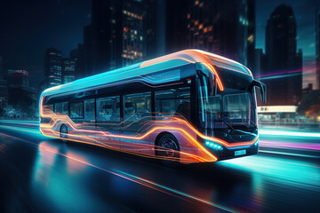 Ai generated image of futuristic bus. Blue and orange tones. - obrazy, fototapety, plakaty