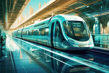 Ai generated image of futuristic train. Blue and yellow tones.	