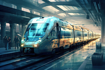 Fototapeta premium Ai generated image of futuristic train. Blue and yellow tones. 