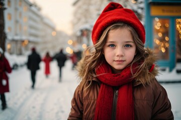 Beautiful awesome Ukrainian girl kid in Santa Claus  muffler and jacket. Fashionable ukrainian girl kid in winter clothes over snowy background. Winter background in street blurry
