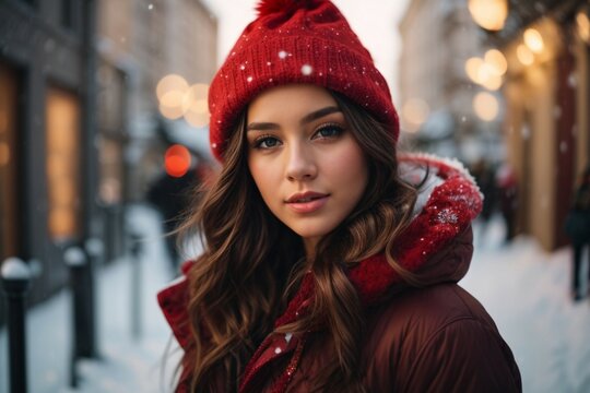 Beautiful awesome young woman in Santa Claus hat. Fashionable young woman in winter clothes over snowy background. Winter background in street blurry
