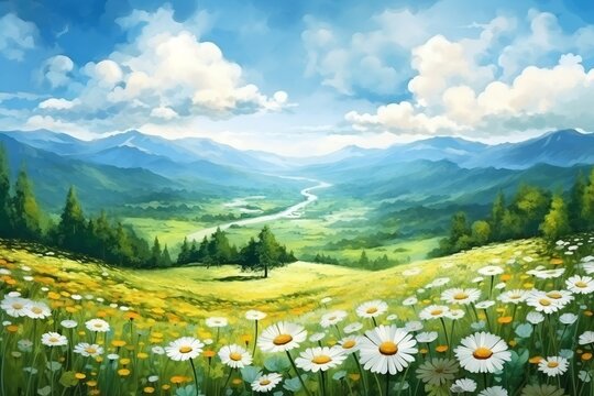 Oil Painting of a Vally Mountain Landscape in Spring - Poster, Printable Wall Art, Banner, Wallpaper 