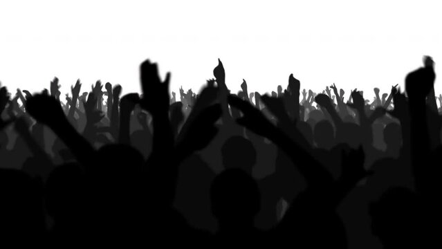 Big Crowd of People Having Fun, Cheering, Applauding, Jumping and Celebrating at Sport Event, Concert, Festival, Party. Black Screen, Silhouette Black on White, Alpha Matte.