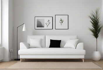 Boho home interior design of modern living room with pillows, sofa and coffee table, generative ai