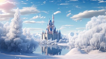 a snowy landscape and a view of a snow-covered castle, the composition to convey the serenity and magic of winter in a minimalist modern style. - Powered by Adobe