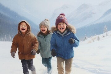 Snowy Peaks Joy: Family and Children Laughing in the Mountains
