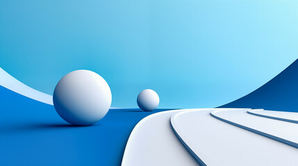 Abstract background with white and blue stripes and balls. Minimalistic background