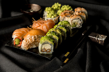 Delicious sushi rolls ready to eat
